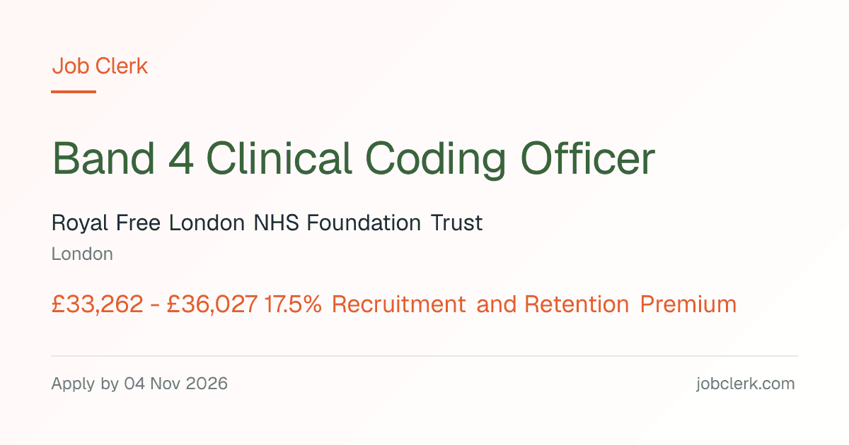 Band 4 Clinical Coding Officer — London NHS Job — 37.5h, 4 Nov