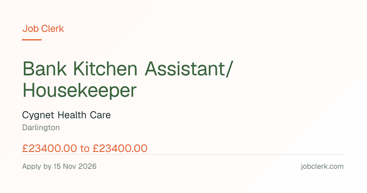 Bank Kitchen Assistant/Housekeeper — Darlington NHS Job — part time