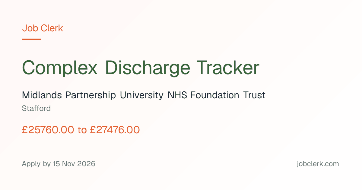 Complex Discharge Tracker — Stafford NHS Job — 37.5h, weekends
