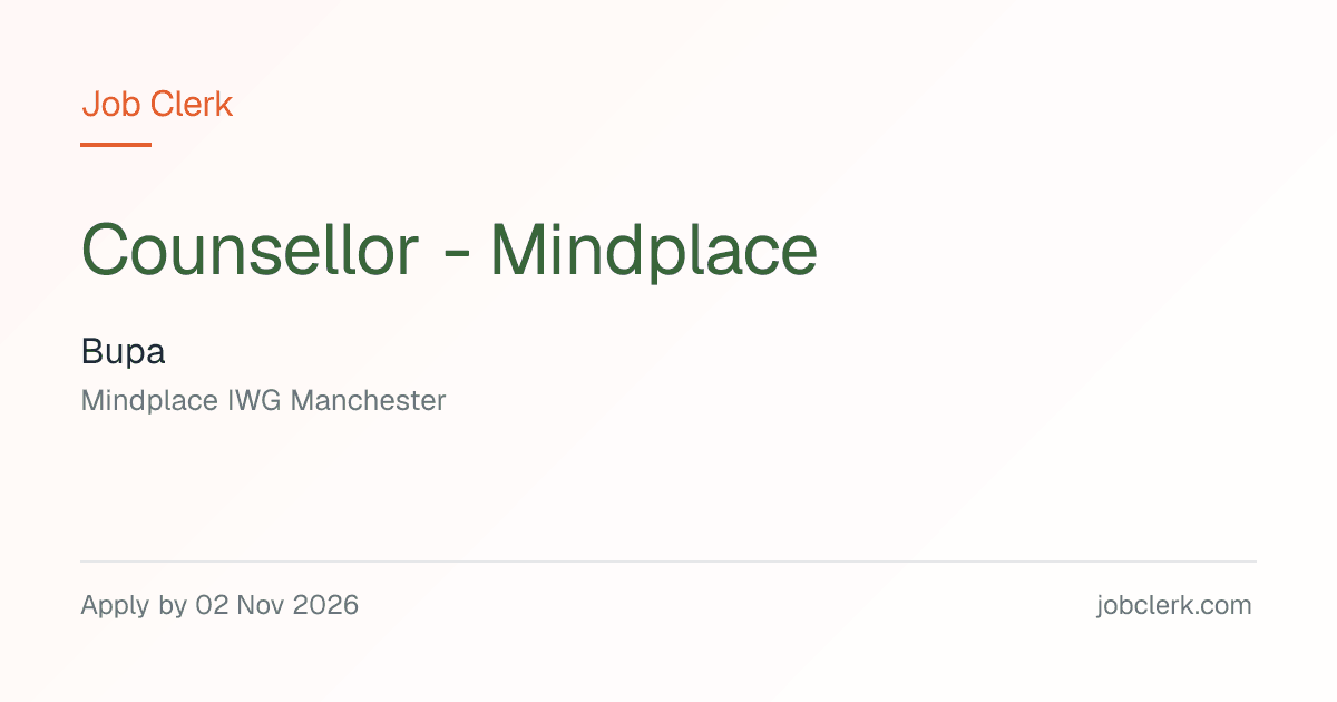 Counsellor - Mindplace — Mindplace IWG Manchester NHS Job — part time