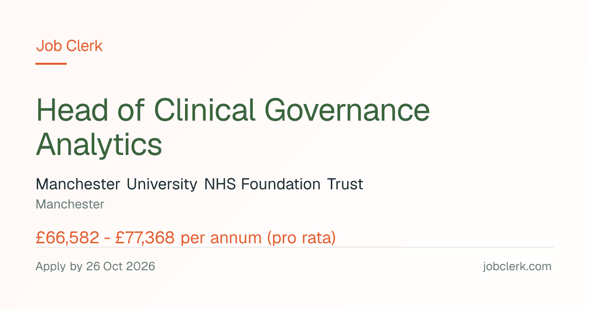 Head of Clinical Governance Analytics — Manchester NHS Job — 37.5h