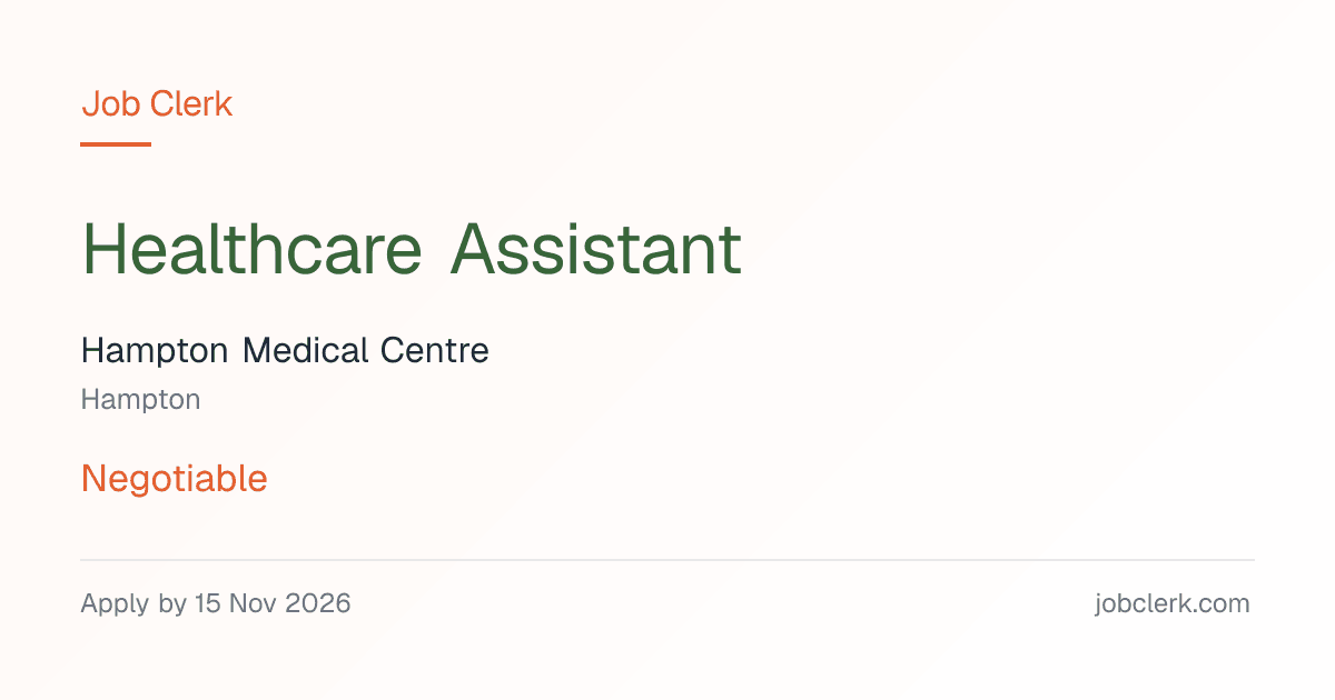 Healthcare Assistant — Hampton NHS Job — part time, 15 Nov | Job Clerk