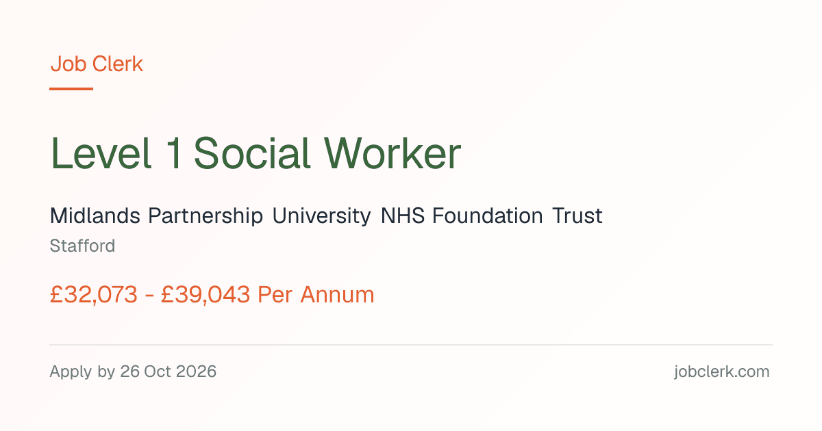 Level 1 Social Worker — Stafford NHS Job — D2A service, permanent