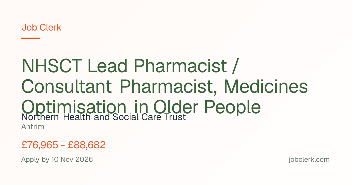 NHSCT Lead Pharmacist /… — Antrim Hospital Site NHS Job — 10 Nov